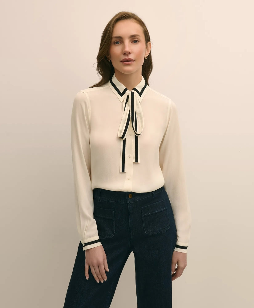 Viscose Contrast Tie-Neck Blouse | Brooks Brothers Popular