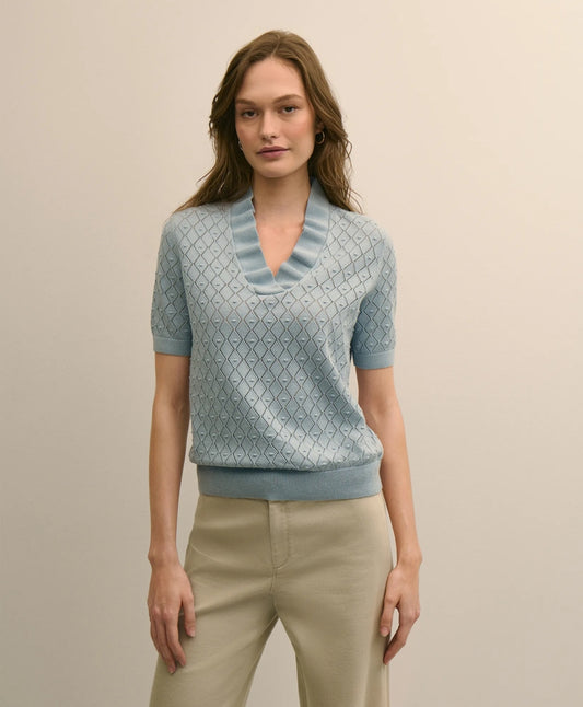 Cotton Viscose Short-Sleeve Ruffle Sweater | Brooks Brothers Smart Buy