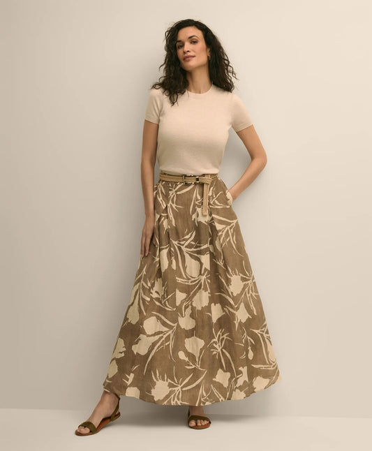 Linen-Blend Pleated Floral A-Line Skirt | Brooks Brothers New