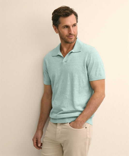 Linen-Cotton-Cashmere Short-Sleeve Mouliné Johnny Collar Sweater | Brooks Brothers Featured